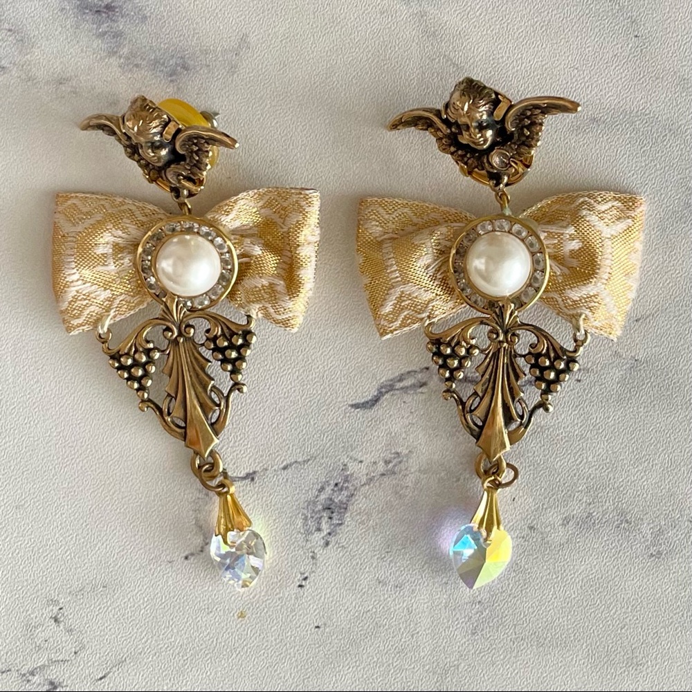 Baroque Gold Angel Earrings Jacquard Bow Pearl & Crystal Drop Pierced
